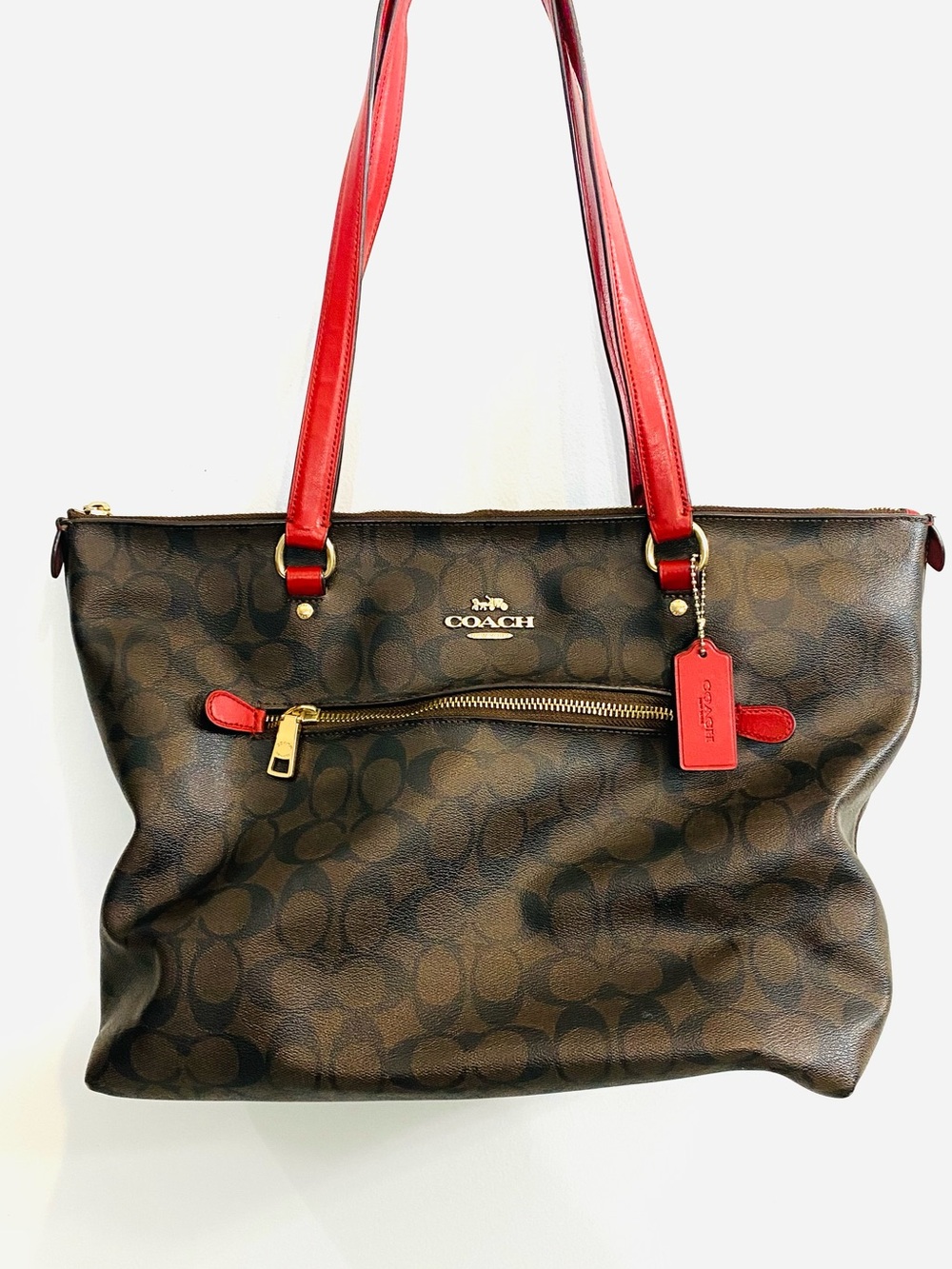Coach Brown Signature Tote with Red Leather Handles